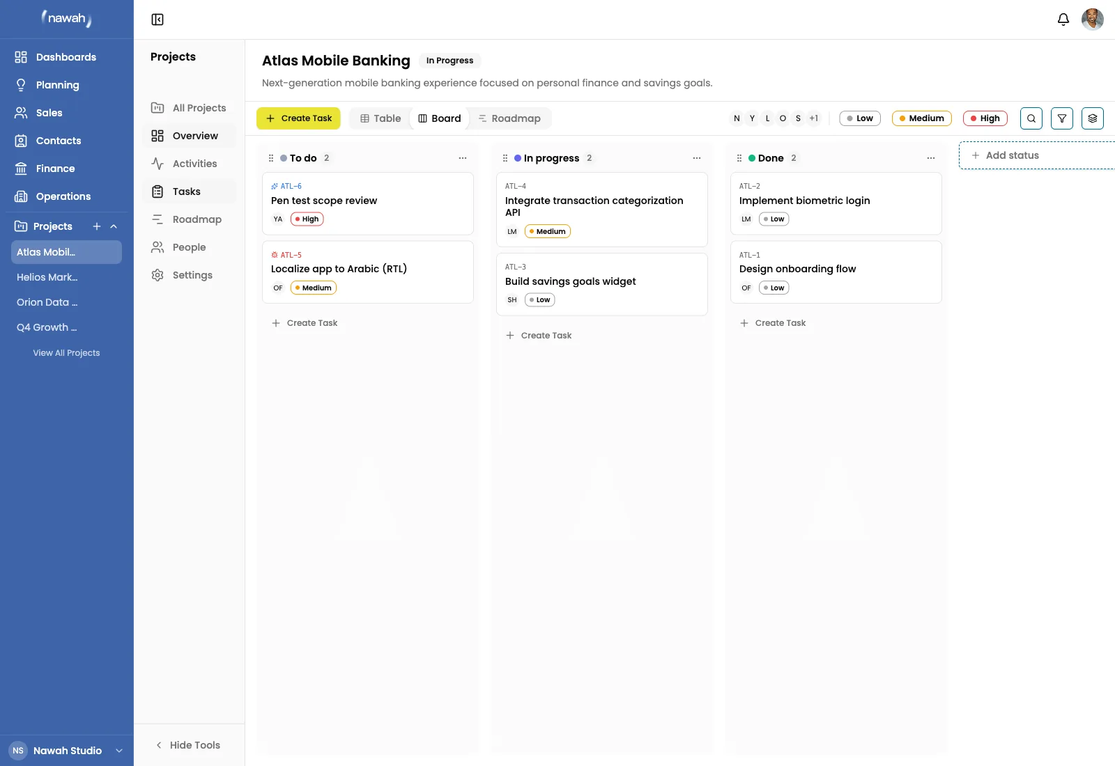 Nawah dashboard interface